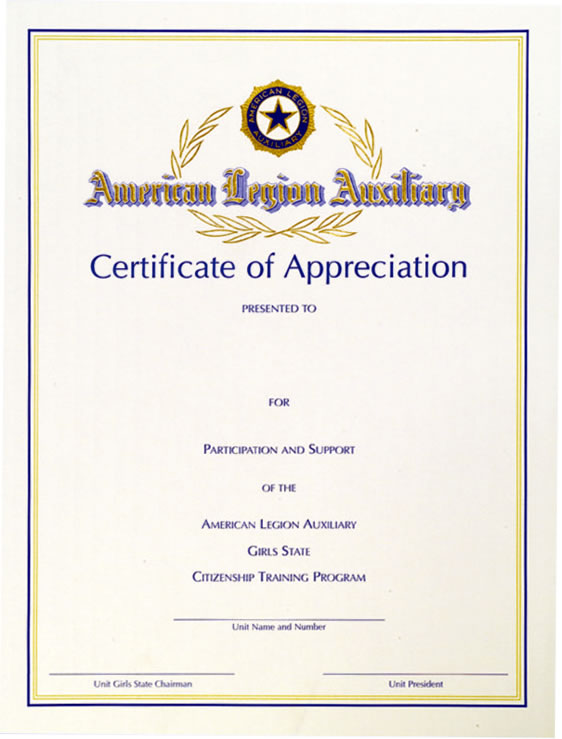 Girls State Certificate of Appreciation - American Legion 